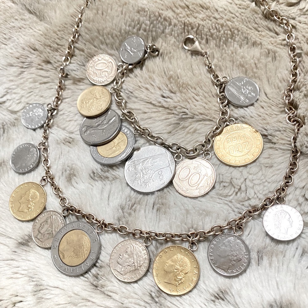 Sterling Silver Lira Coin Necklace + Bracelet set.